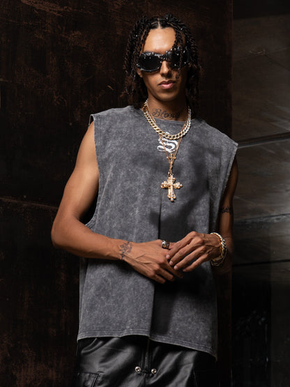 Cross-Print Distressed Washed Vest