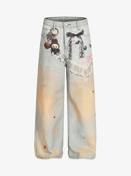 Unique Artistic Denim Trousers with Embellished Details for Women