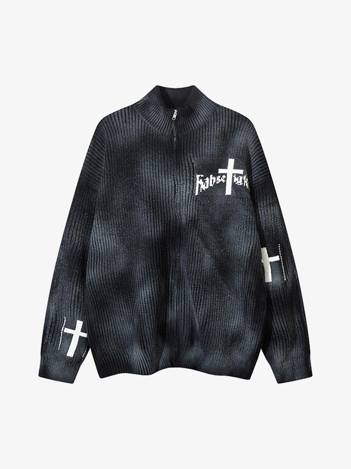 Ribbed Knit Dirty Dyed Embroidery Cross Sweater