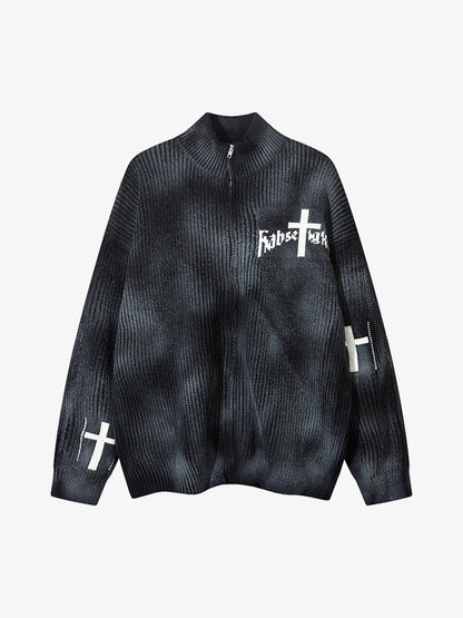 Ribbed Knit Dirty Dyed Embroidery Cross Sweater