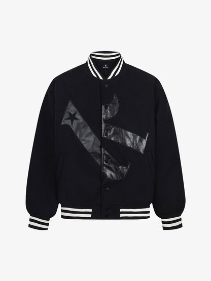 Stylish Black Bomber Jacket with Unique Leather Patch Design for Men