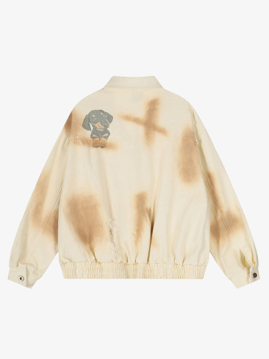 Distressed Graphic Jacket with Unique Dog Illustrations