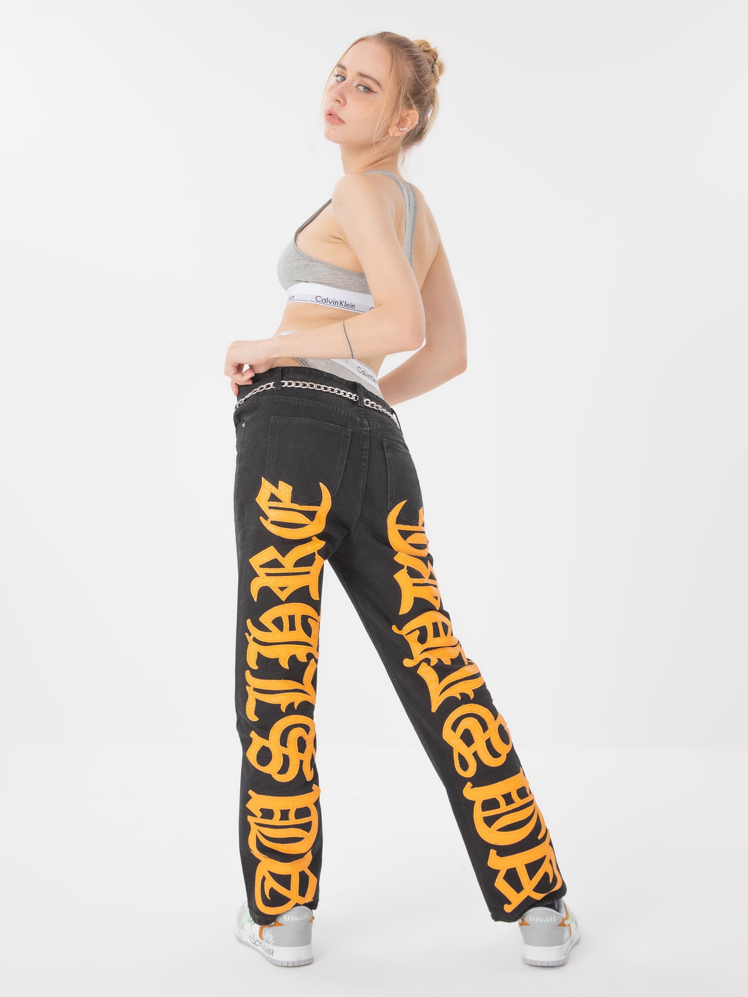 Thesupermade American High Street Burning Text Embroidered Letters Jeans -1478