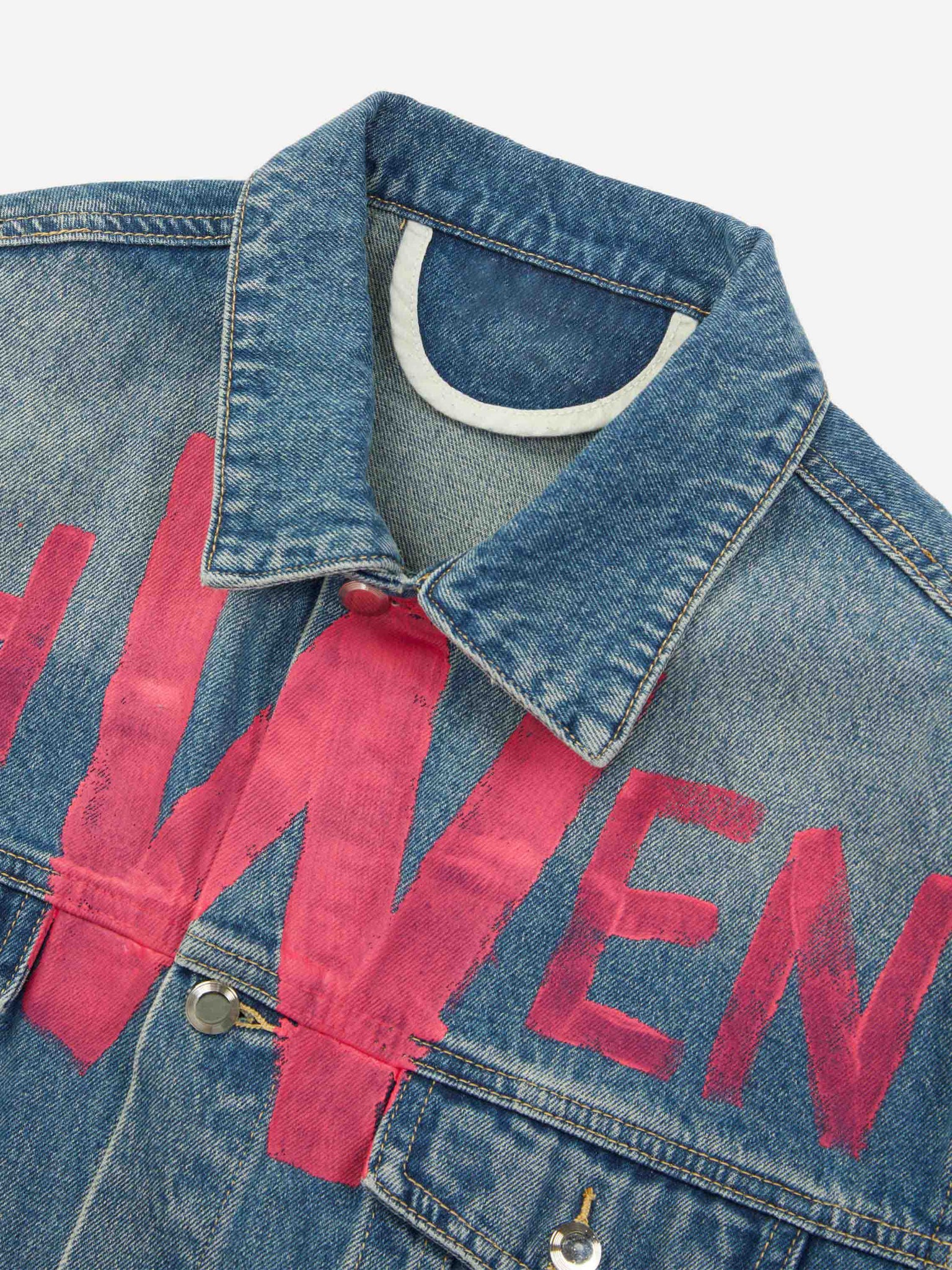 Thesupermade High Street Graffiti Lettered Distressed Washed Denim Jacket