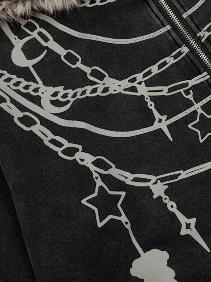Stylish Chain-Printed Hoodie with Faux Fur Trim for Winter Fashion