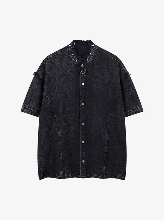 Rivet Deconstructed Split Stitching Denim Short-sleeved Shirt