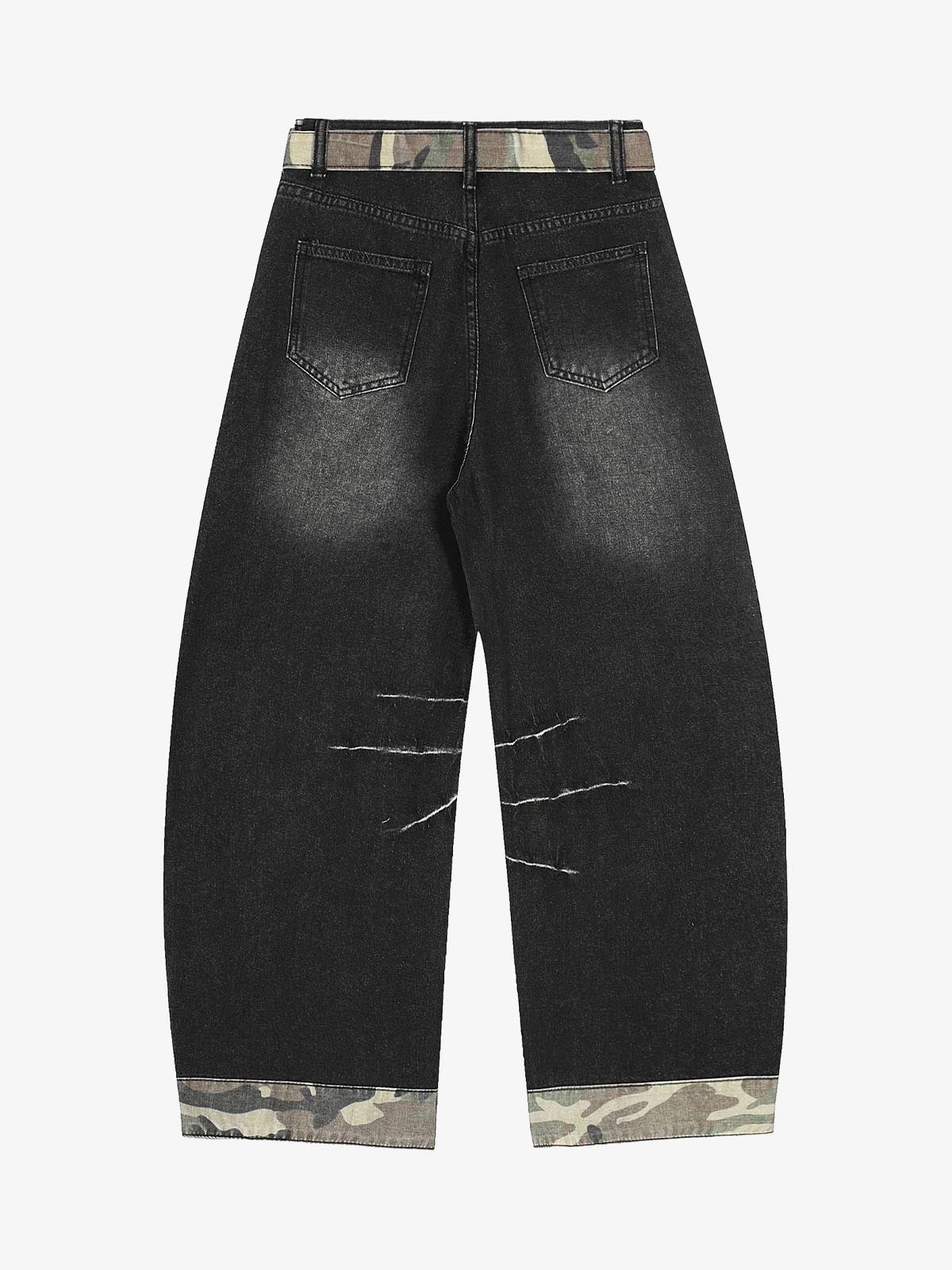 Distressed Camo-Trimmed Denim Trousers with Adjustable Waist
