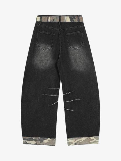 Distressed Camo-Trimmed Denim Trousers with Adjustable Waist