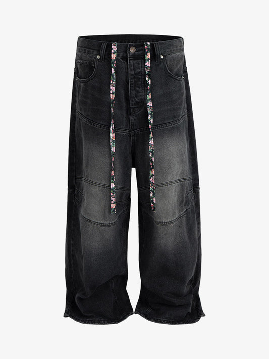 Wide-Leg Denim Trousers with Unique Floral Drawstring and Bold Street Style Design