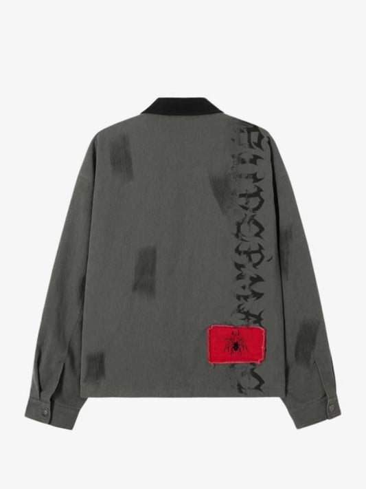 Gothic-Inspired Jacket with Red Patches and Graphic Prints