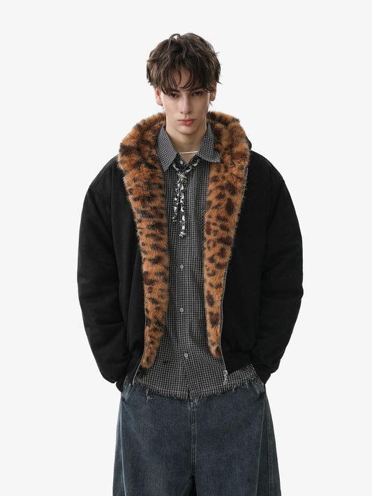 Leopard Print Hooded Jacket with Faux Fur Trim for Men - Trendy Winter Fashion