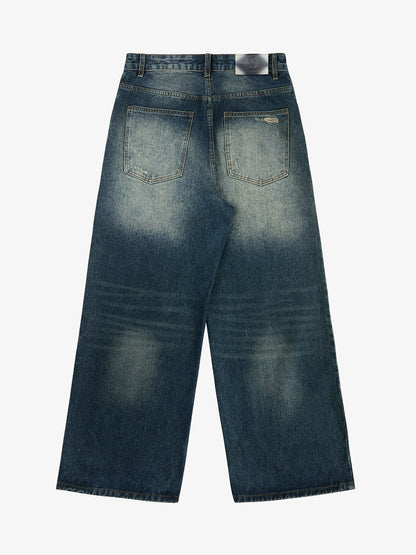 Retro Rhinestone Letter Embroidery Distressed Baggy Jeans