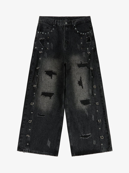 Vintage Washed Distressed Metal Ring Baggy Jeans