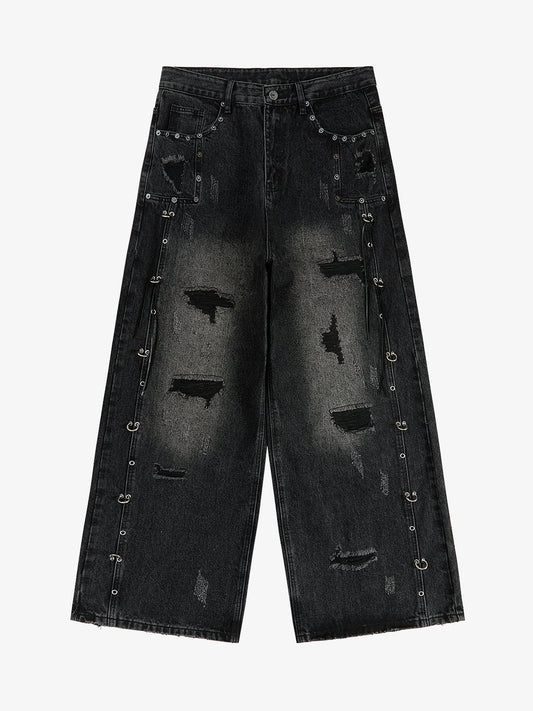 Vintage Washed Distressed Metal Ring Baggy Jeans