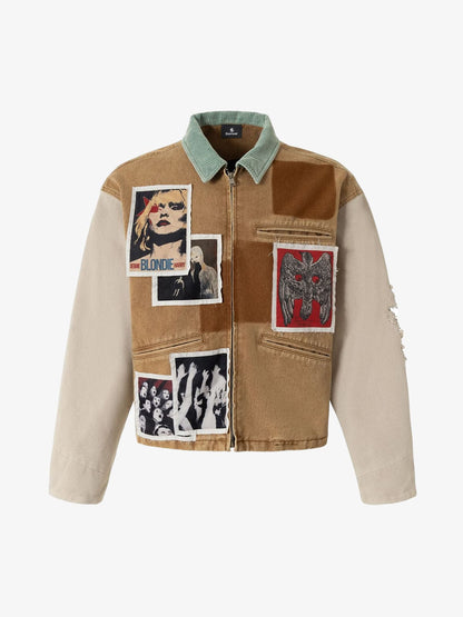 Unique Patchwork Denim Jacket with Iconic Graphic Prints