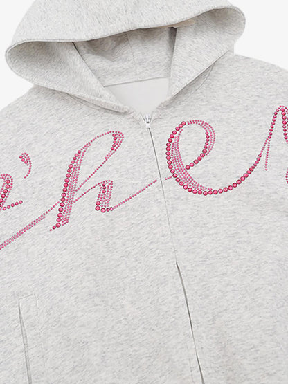 Stylish Hooded Zip-Up Jacket with Sparkling Letter Design for Men and Women