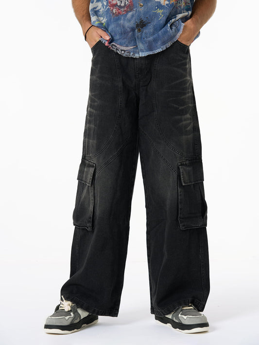 Washed Distressed Multi-Pocket Cargo Jeans