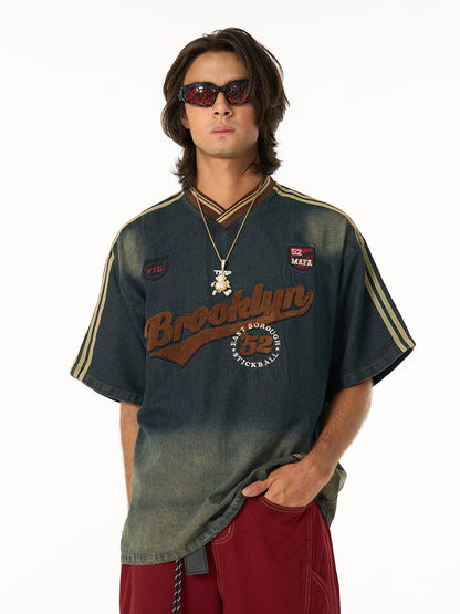 Vintage Distressed Washed Gradient Denim T-shirt