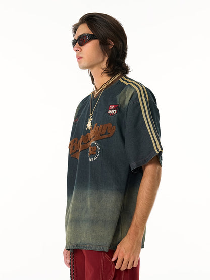 Vintage Distressed Washed Gradient Denim T-shirt