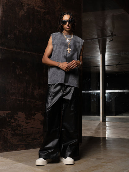 Cross-Print Distressed Washed Vest
