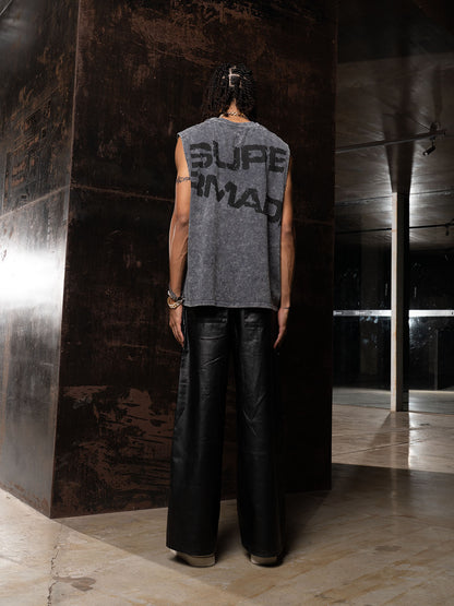 Cross-Print Distressed Washed Vest