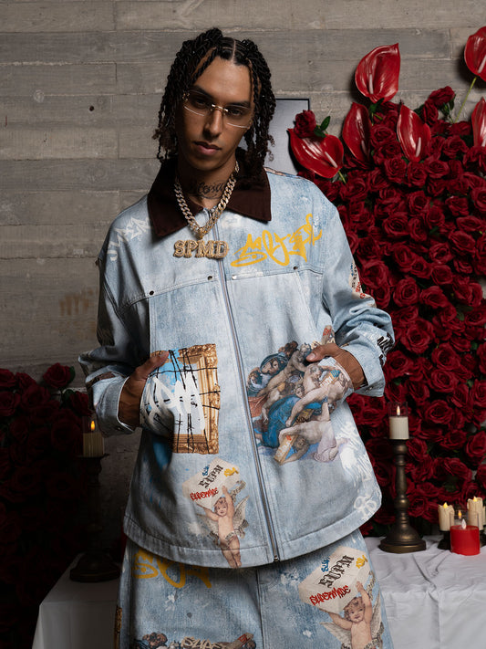 Distressed Denim Jacket with Artistic Patches and Bold Lettering