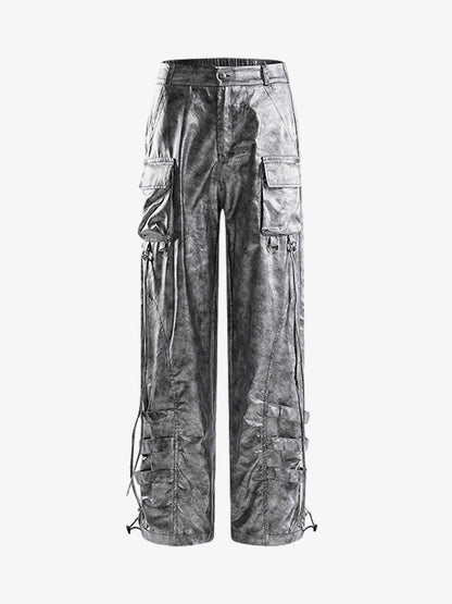 Retro Silver Loose Metallic Straight Pants