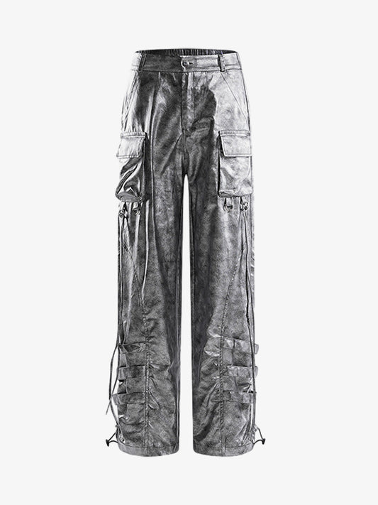 Retro Silver Loose Metallic Straight Pants