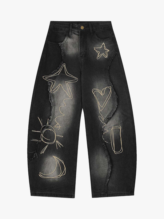 Distressed Denim Jeans with Embroidered Celestial Motifs for Women