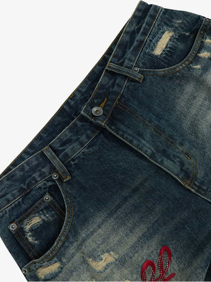 Retro Rhinestone Letter Embroidery Distressed Baggy Jeans