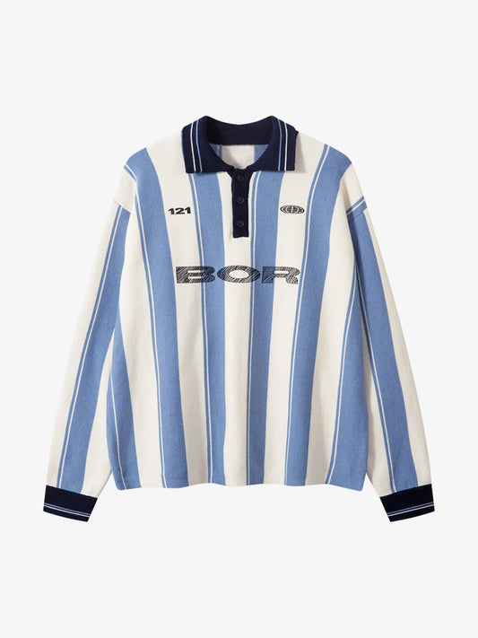 Retro Striped Polo Collar Sports Jersey Knit Sweater