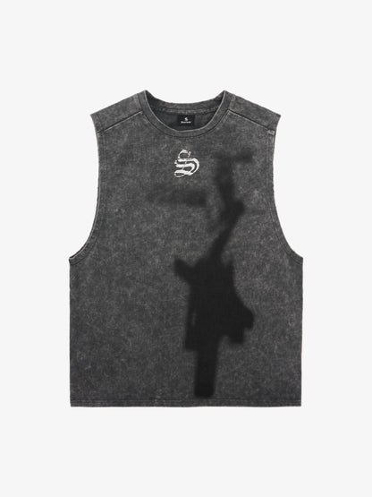 Cross-Print Distressed Washed Vest