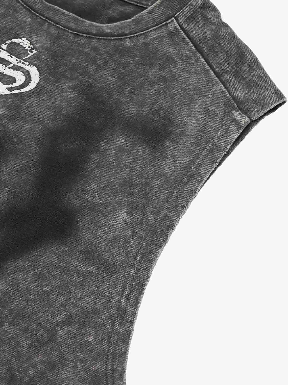 Cross-Print Distressed Washed Vest