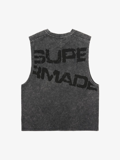 Cross-Print Distressed Washed Vest
