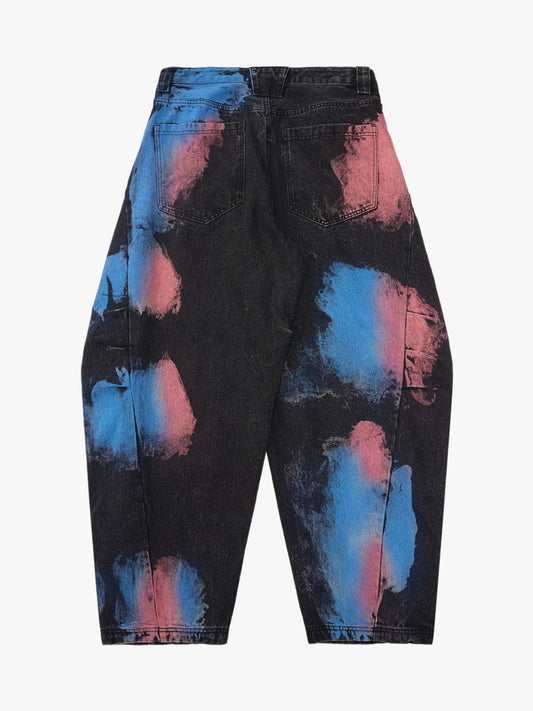 Vintage Tie-Dye Contrast Color Ripped Barrel Jeans