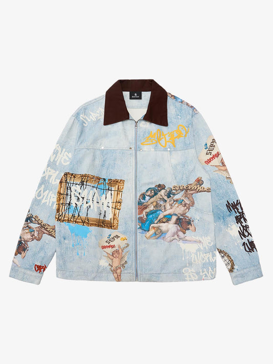 Artistic Patches Graphic  Distressed Denim Jacket