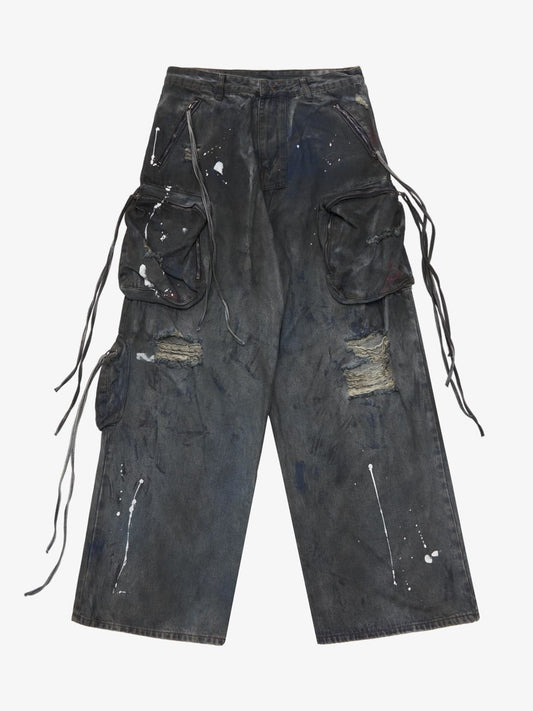 Heavy Dirty Dyed Multi-Pocket Drawstring Work Jeans