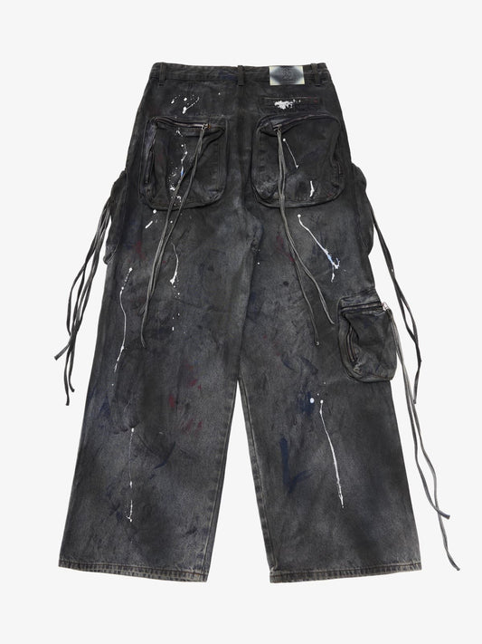 Heavy Dirty Dyed Multi-Pocket Drawstring Work Jeans