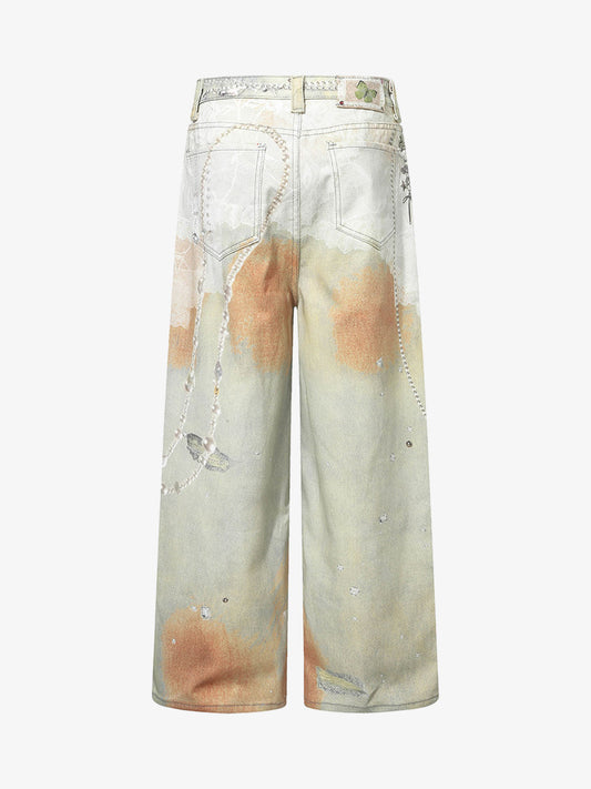 Embellished Wide-Leg Jeans with Unique Artistic Design for Fashion Lovers