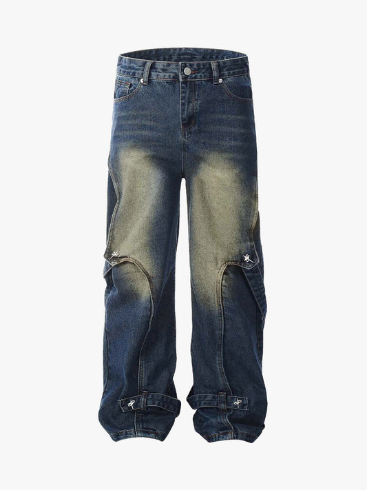 Washed Distressed Deconstructed Split Work Jeans