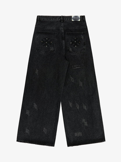 Vintage Washed Distressed Metal Ring Baggy Jeans