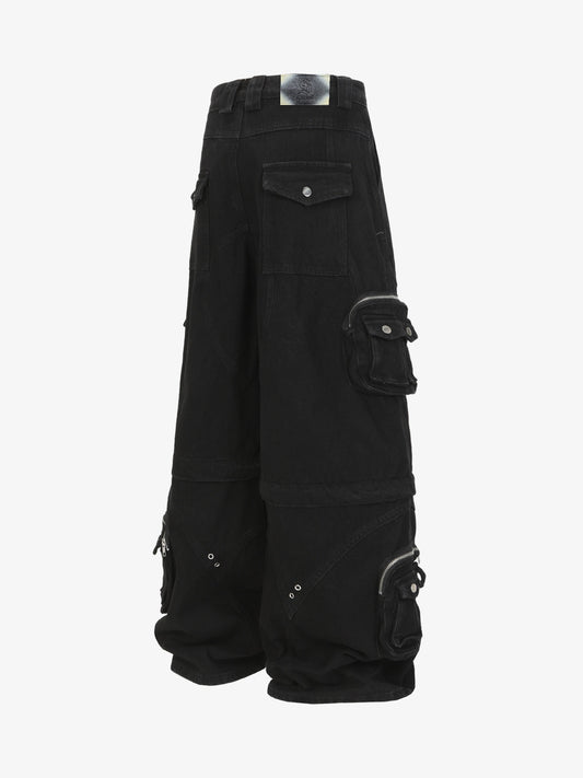 Black Tactical Cargo Shorts with Multi-Pockets and Zipper Accents