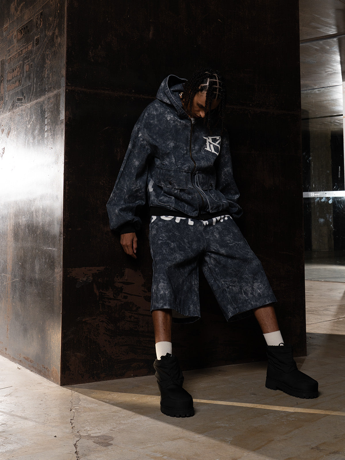 Oversized Denim Hoodie And Shorts Set For Urban Streetwear