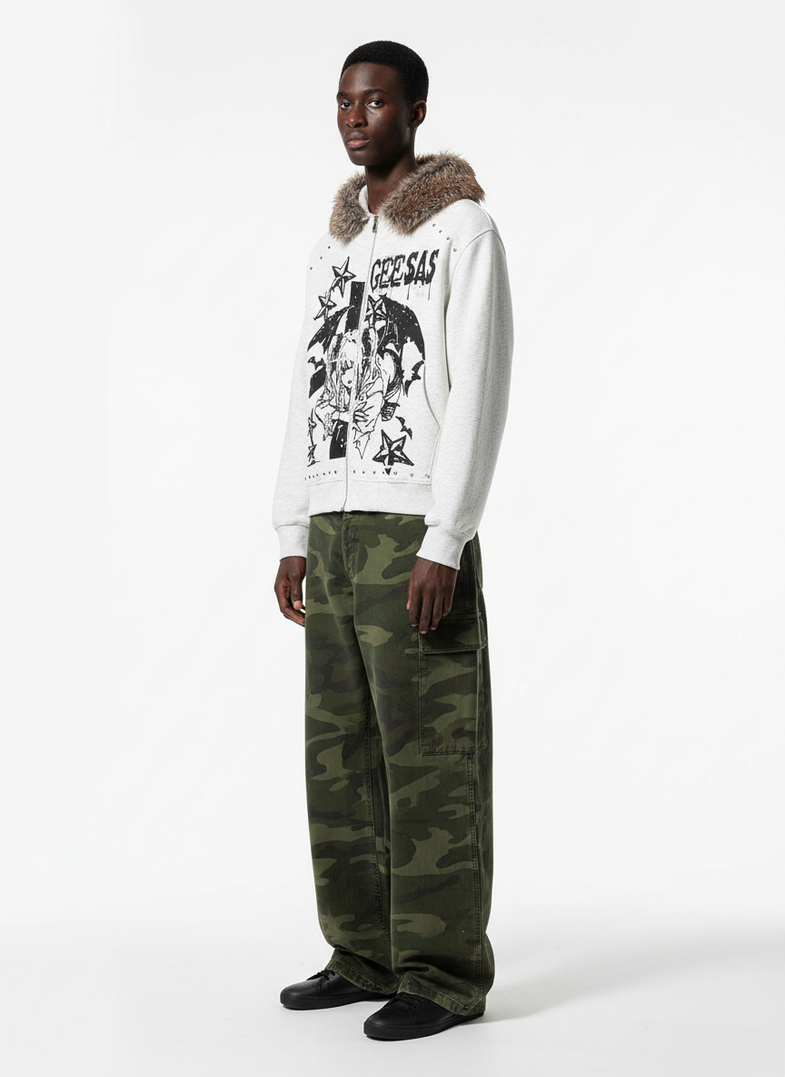 Retro Fur Collar Cartoon Pattern Zipper Hooded Sweatshirt