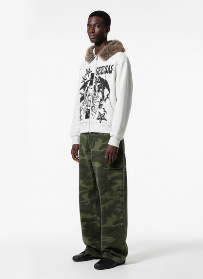 Retro Fur Collar Cartoon Pattern Zipper Hooded Sweatshirt