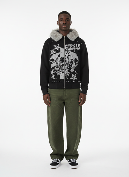 Retro Fur Collar Cartoon Pattern Zipper Hooded Sweatshirt