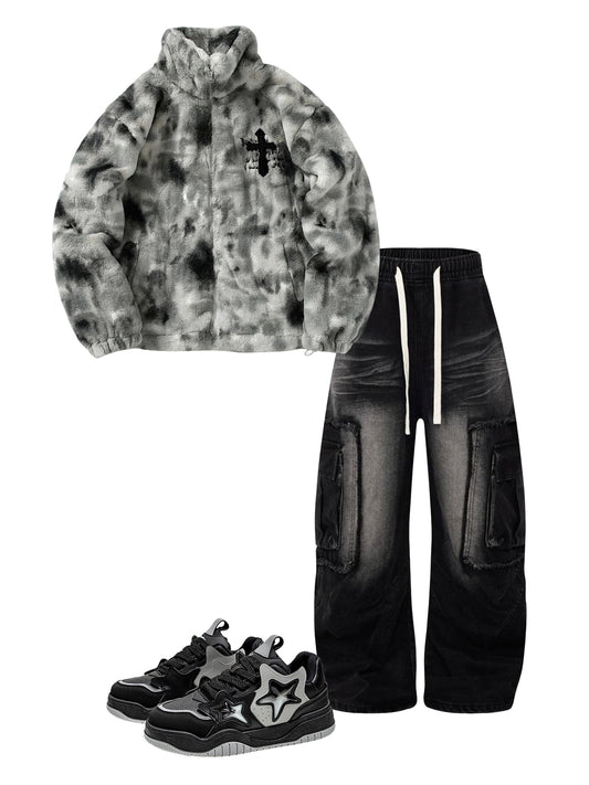 Heavy-Duty Faux Lambswool Tie-Dye Urban Jacket - 1558