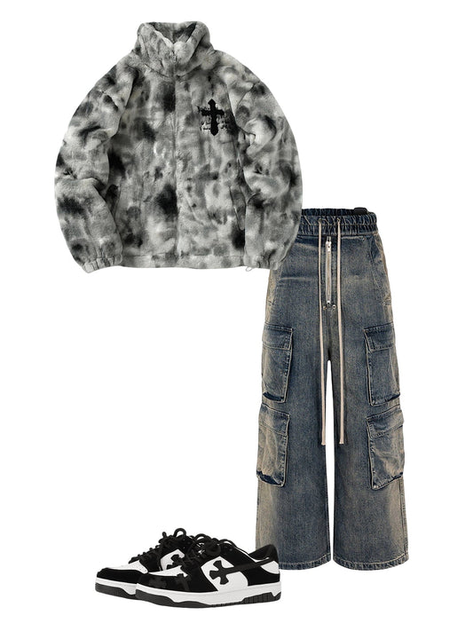 Heavy-Duty Faux Lambswool Tie-Dye Urban Jacket - 1558