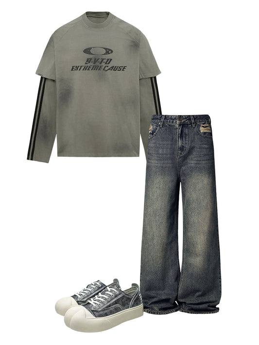 Washed Dirty-Dye Straight Jeans - 2352