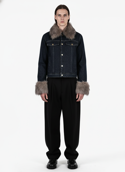 Retro Detachable Fur Collar Workwear Denim Jacket